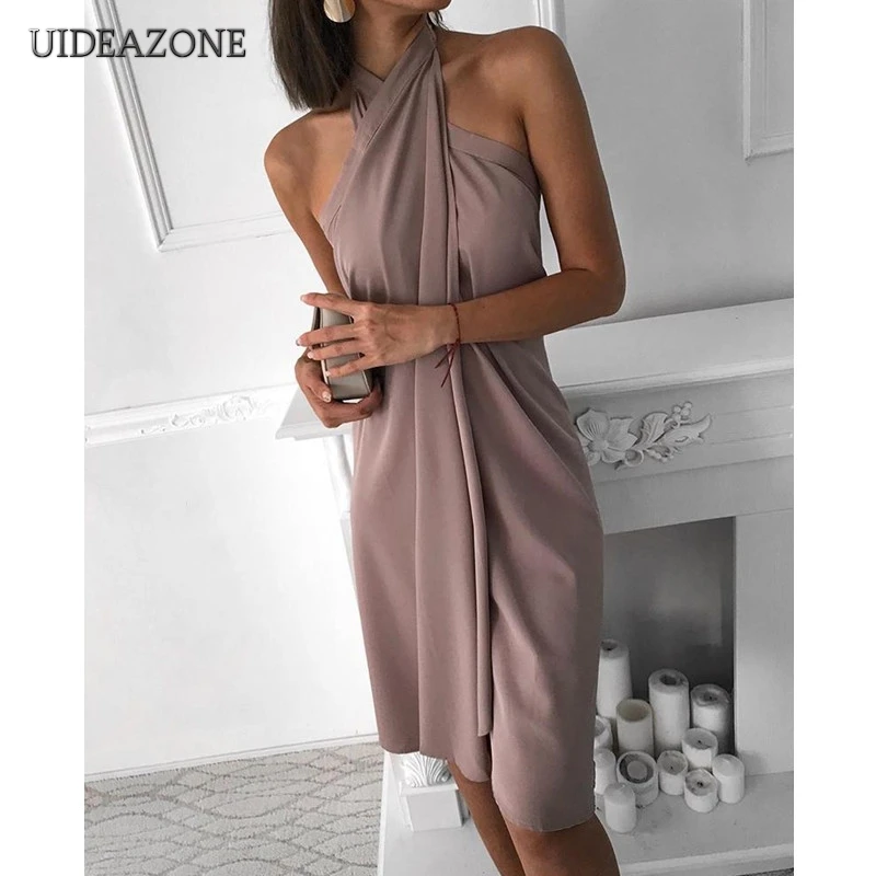 

UIDEAZONE Cross Halter Women Dress Asymmetrical Solid Color Sexy Ladies Mini Dresses above Knee 2019 Summer