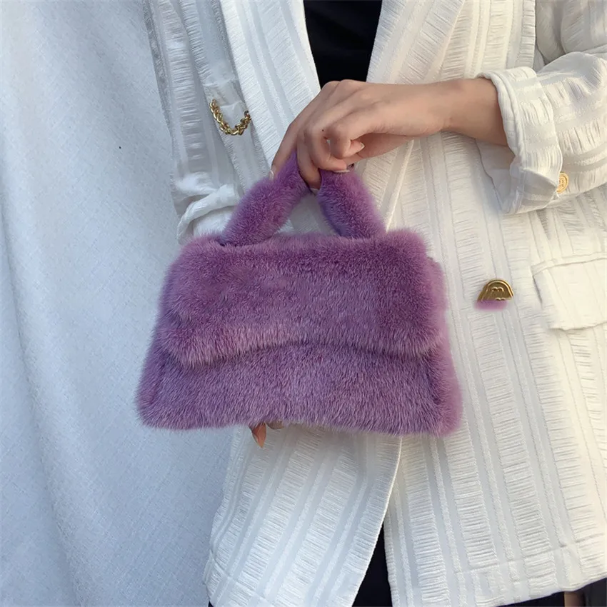 Female Mink Leather Solid Color Plush Casual Lady Handbag Shoulder Fashion Exquisite Shopping Bag_voghion.com