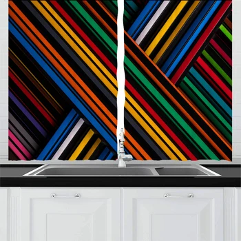 

Colorful Line Kitchen Curtains Blackout Curtains Room Multiple Rectangular Bars Curtain Home Window Modern Bathroom Curtains