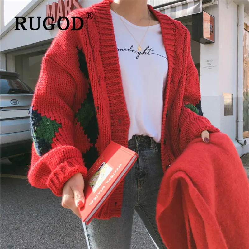 RUGOD, новинка, зимний теплый рождественский женский свитер, кардиганы с v-образным вырезом, красный плотный вязаный жакет, Модный женский винтажный элегантный свитер, пальто