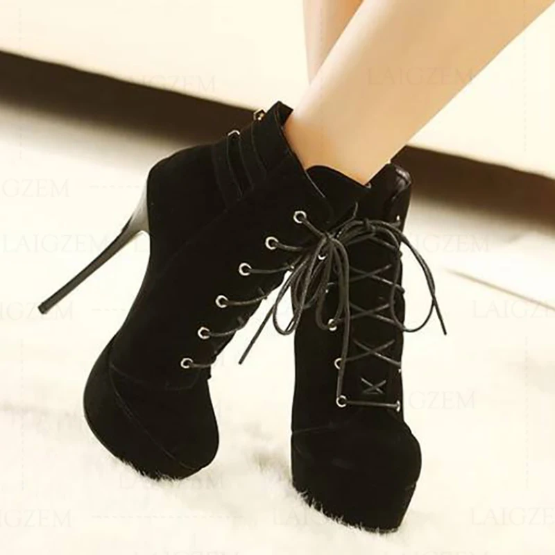 SEIIHEM Women Ankle Boots Faux Suede Lace Up High Heels Short Platform Boots Booties Shoes Woman Botas Large Size 41 42 38 47 52