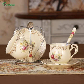 

Europe Vintage Ivory Porcelain Ceramic Coffee Set Porcelain Tea Set Spoons Teatime Cup Bone China Coffee Set With Metal Holder