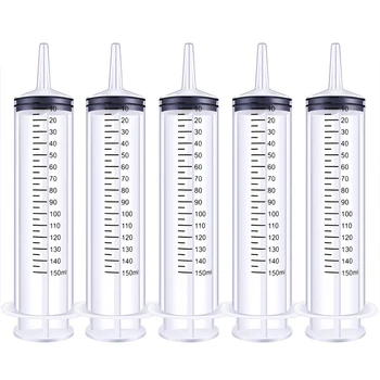 

5 Pcs 150Ml Plastic Syringe Without Needle, Sterile Individual Wrap for Scientific, Measurement Multiple Uses Tools