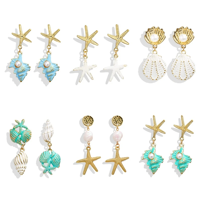 SHUANGR Long Sea Shell Starfish Drop Earrings For Women Boho Pearl Big Dangle Earring Gold