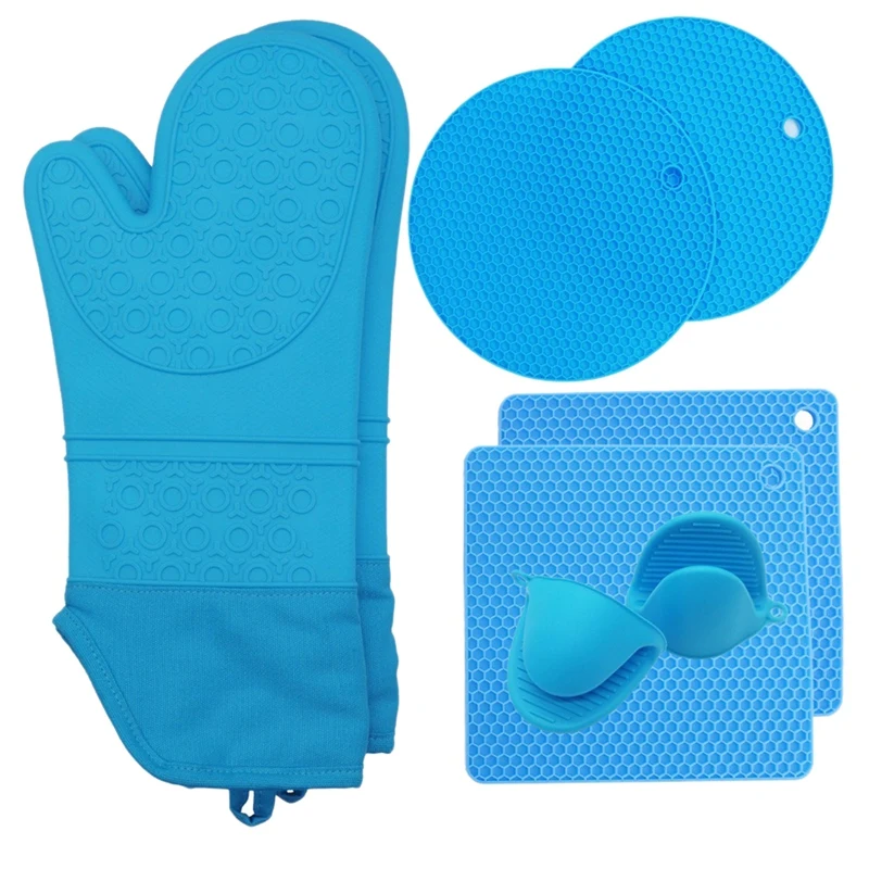 8 Pcs Plus Cotton Thick Silicone Gloves Hand Clip Kitchen Insulation Oven Baking Long Blue | Дом и сад