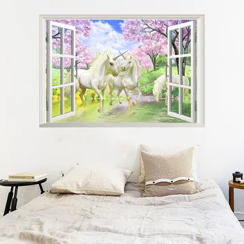 

3D Window View Colorful Cartoon Unicorn Cloud Wall Stickers For Kids Rooms Girls Bedroom Nursery Decor Animal Stickers Decals