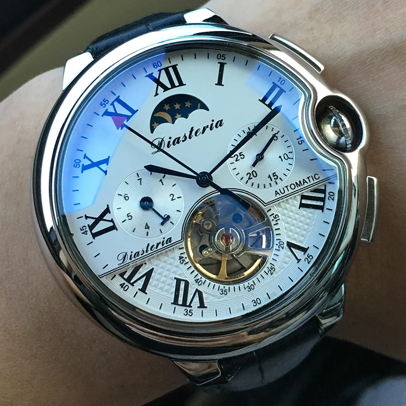 Топ люксовый бренд Tourbillon Скелет автоматические механические часы для мужчин полный календарь Moon Phase водонепроницаемые часы для мужчин s DIASTERIA