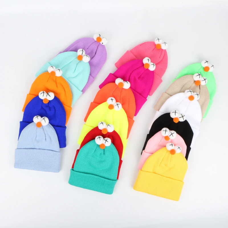 Детские милые вязаные шапки с большими глазами осенне-зимние утепленные теплые