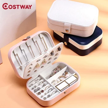 

COSTWAY Portable Double Layer Jewelry Box Organizer Ring Stud Earrings Jewelry Storage Box With Mirror Faux Leather Box W0607