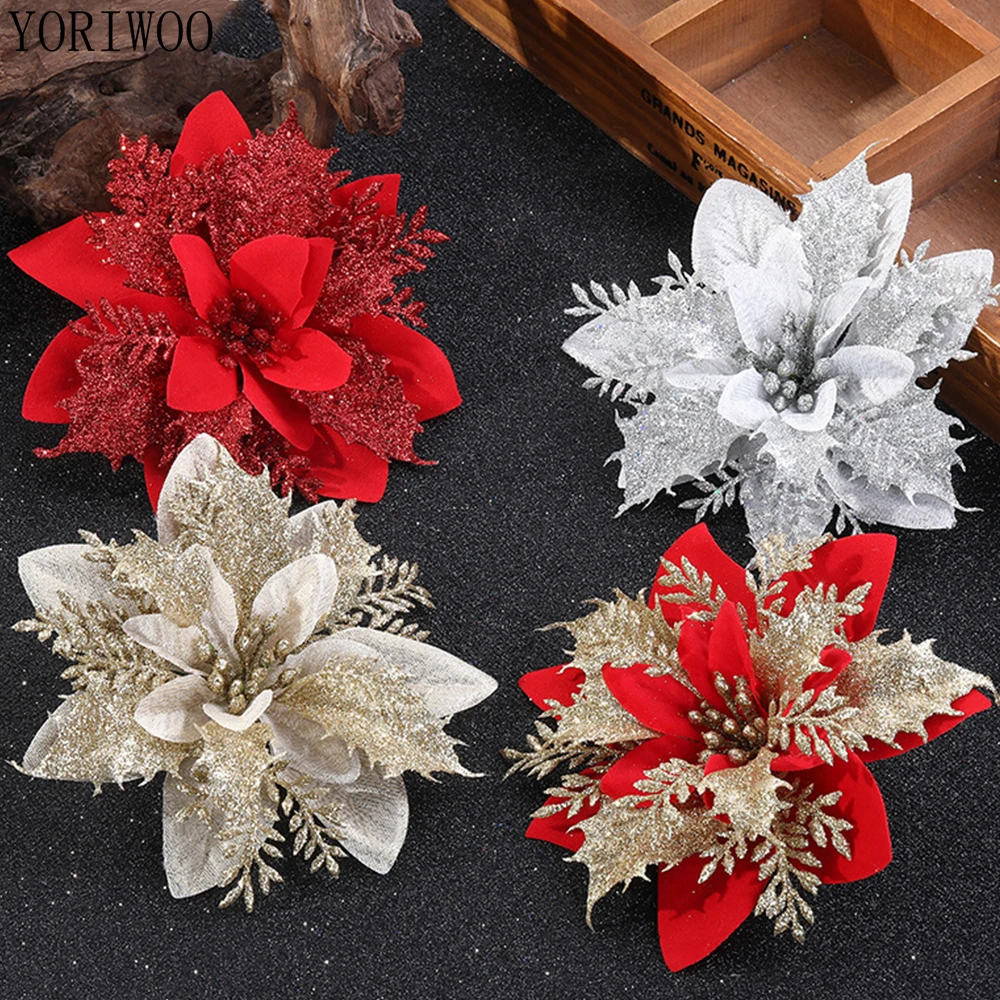 YORIWOO Artificial Christmas Flowers Glitter Fake Flower Head Merry Christmas Tree Decorations Xmas Ornaments Noel New Year Gift