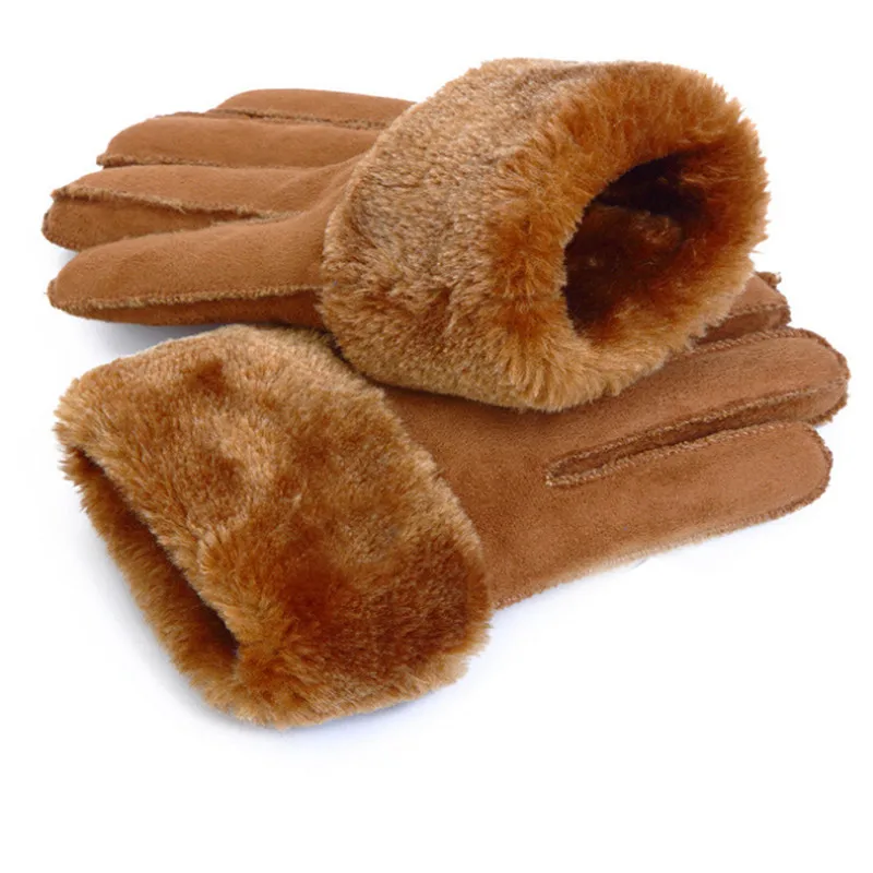 Зимние теплые мужские кожаные перчатки из кожи оленя для мужчин, мягкие черные мужские варежки, имитирующие кроличью шерсть, перчатки для сенсорного экрана, мужские варежки - Цвет: CAMEL
