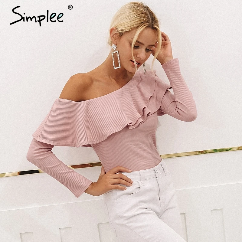  Simplee One shoulder ruffles blouse shirt women Sexy slim long sleeve tops Knitted elegant cotton b