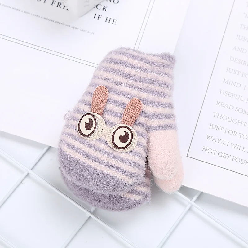 light purple Warmom Зимние теплые плюшевые перчатки с рисунком для маленьких мальчиков и девочек от 0 до 12 месяцев толстые вязаные шерстяные варежки в полоску с большими глазами для новорожденных - Цвет: light purple