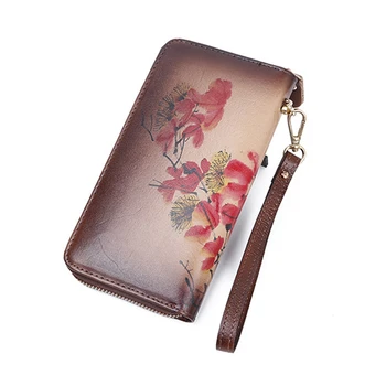 

Retro Genuine Leather Women Wallet Luxury Long Purse Embossing Clutch Bag High Quality Female Card Holder Tree Paste Phone Bag