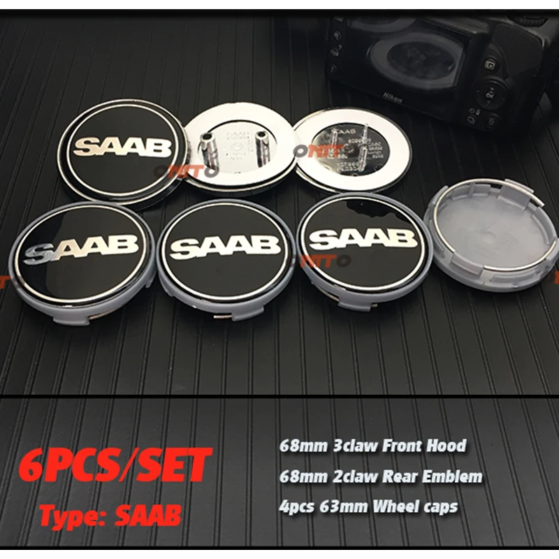 

Hot selling 6pcs/set 68mm Front Hood Emblem+Rear Emblem+63mm saab Emblem Wheel Hub Cap for 9-3 9-5 93 95 BJ SCS car styling