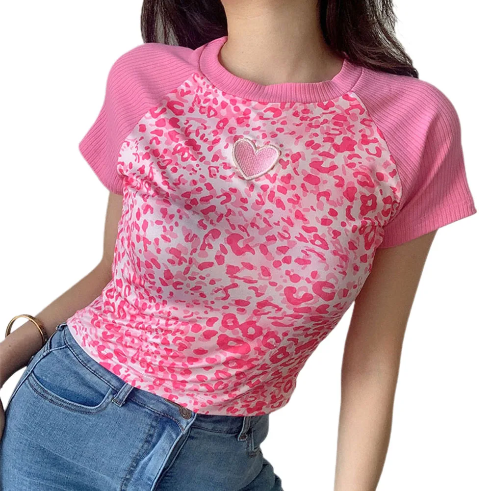 

Women Short Sleeve Leopard Print T-shirt Summer Fashion Heart Embroidery Crop Top