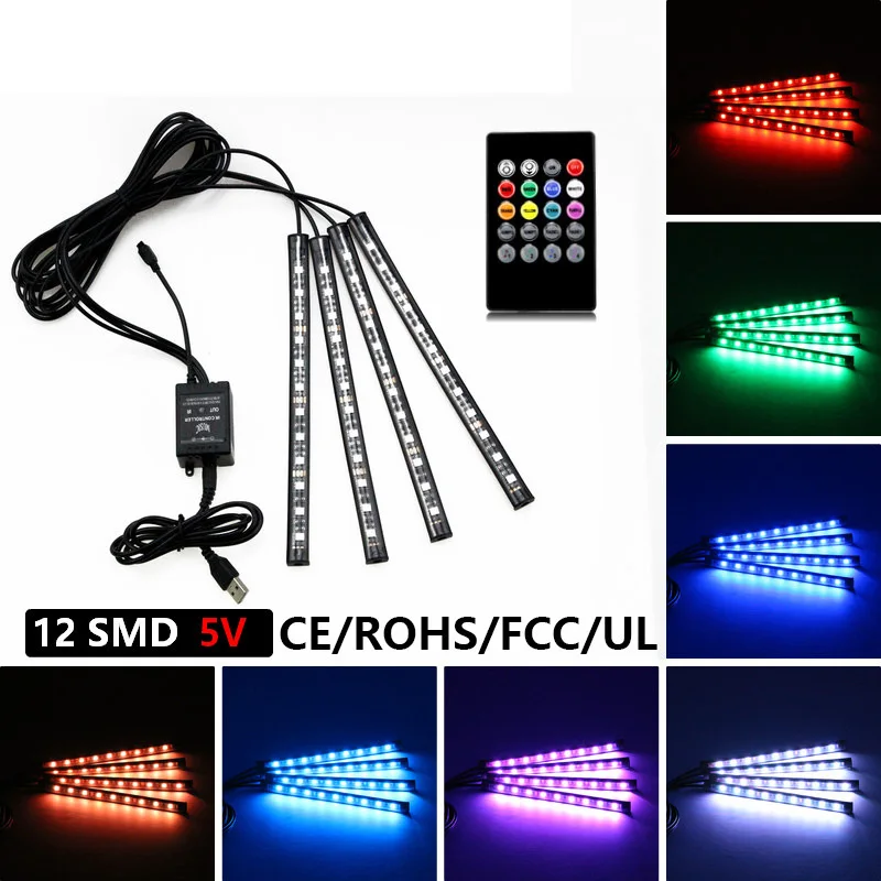 

4PC New Car LED Light Decoration Light USB Atmosphere Light Colorful Voice Control Atmosphere Light RGB Car Interior Foot Lights