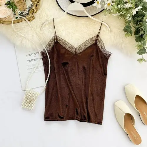 Dark Brown Новая Осенняя Женская кружевная Лоскутная бархатная майка с регулируемой талией высокого качества, женские сексуальные топы на бретельках, домашняя одежда, жилет одежда для сна - Цвет: Dark Brown