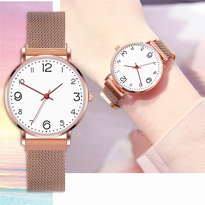 

New Women's Watch Mesh Magnetic Buckle Minimalism Luxury Rose Gold Digital Dial Ladies Business Casual Gift Clock relogio femino