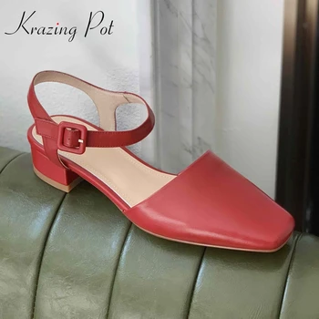 

Krazing pot full grain leather high quality handmade maiden new square toe med square heels buckle straps women summer pumps L89
