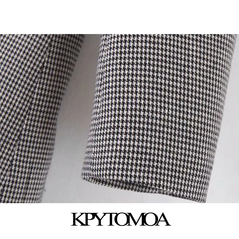 Vintage Stylish Office Wear Double Breasted Houndstooth Blazer Coat Women Fashion Long Sleeve Pockets Outerwear Chic Tops