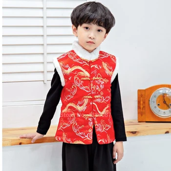 

Kids Traditional Chinese New Year Costume Dragon Pattern Winter Fur Vest For Newborn Baby Boys Girls Tang Suit Hanfu Performance