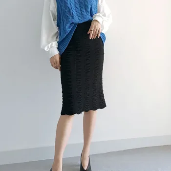 

Free Shipping 2020 New Fashion Elegant Knee Length Women Skirts Pencil S-2XL High Waist Autumn Skirt Knitting Black And Brown