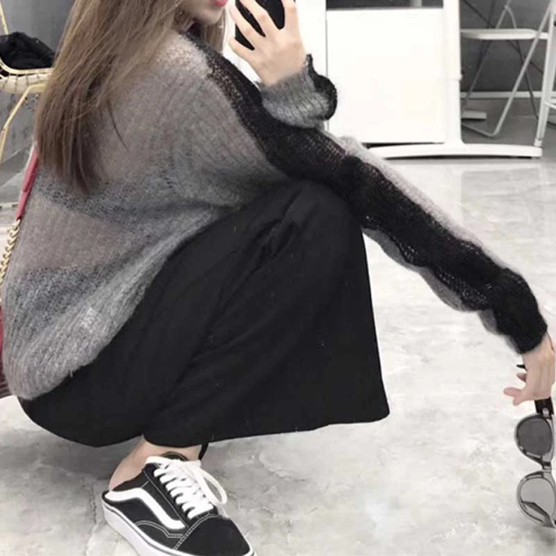 Женский свитер RICININA,, с o-образным вырезом, из кусков, компьютерная вязка, осенние свитера для женщин, с длинным рукавом, повседневные шерстяные свитера для девушек