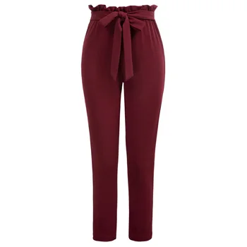 

Grace Karin Pants Women Stretchy Skinny Pants Ruffled High Waist Belt Decorated Solid Color Pencil Trousers Full Length Elegant