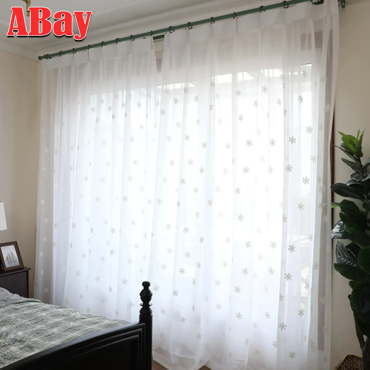 

White Snowflake Semi Sheer Curtain for Living Room Window Linen Textured Transparentes Christmas Curtain for Bedroom Long Drapes