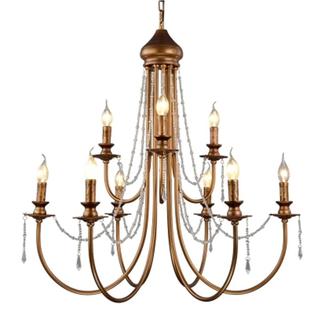 E14x9 Modern Vintage Design Crystal E14 Ancient Gold Led Chandelier Lighting Fixtures for Home Loft Staircase Living Room Bedroom Lamp - Цвет абажура: E14x9