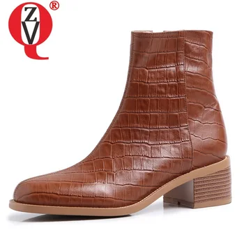 

ZVQ winter new fashion ankle boots outside mid heels square toe genuine leather zip office women shoes drop shipping size 33-40