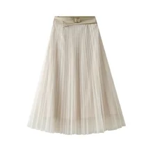 New Autumn Winter Women Pleated Midi Skirts High Waist Fashion Casual Tulle Korean Elegant With Belt Female Clothes  Streetwear