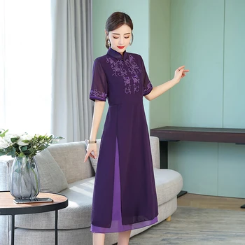 

2020 women cheongsam long improved chinese style female dress floral embroidery short sleeve ao dai qipao party banquet gown