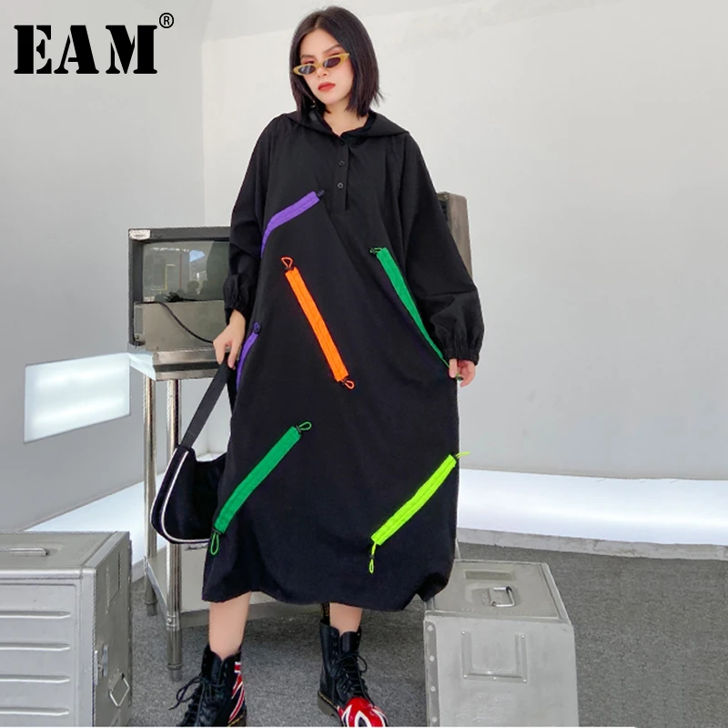 [EAM] Women Black Colorful Zipper Big Size Long Dress New Round Neck Long Sleeve Loose Fit Fashion Spring Autumn 2020 1Y714