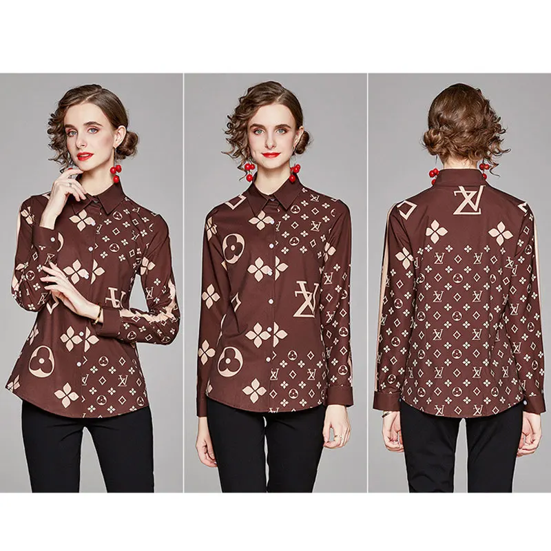 Brown Shirt Woman Blouse Shirts Button Up Blusas Top Mujer De Moda Turn  Down Collar Flower Print Buttoned Shirts With Narrow Cut