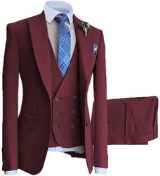 Burgundy Casual Male Suits 3Pcs Jacket Pants Vest Peak Lapel Blazer Trousers Tailor-made Man Suits Dinner Party Wear For Wedding