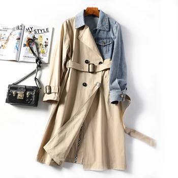 

2020 Spring Autumn New Womens Casual trench coat oversize Double Breasted Vintage Washed Outwear denim splice Loose Clothing