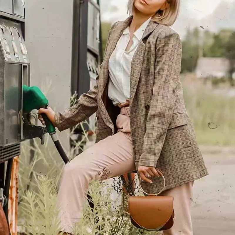 Conmoto винтажный клетчатый Модный блейзер для женщин осень зима женские блейзеры Повседневный отложной Блейзер Куртка