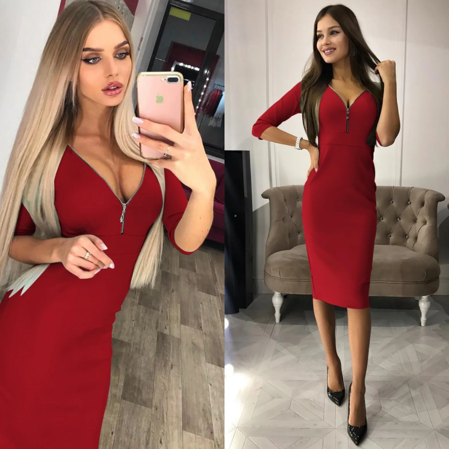 BacklakeGirls сексуальные коктейльные платья джерси глубокий v-образный вырез половина рукава длина колена вечерние коктейльные платья