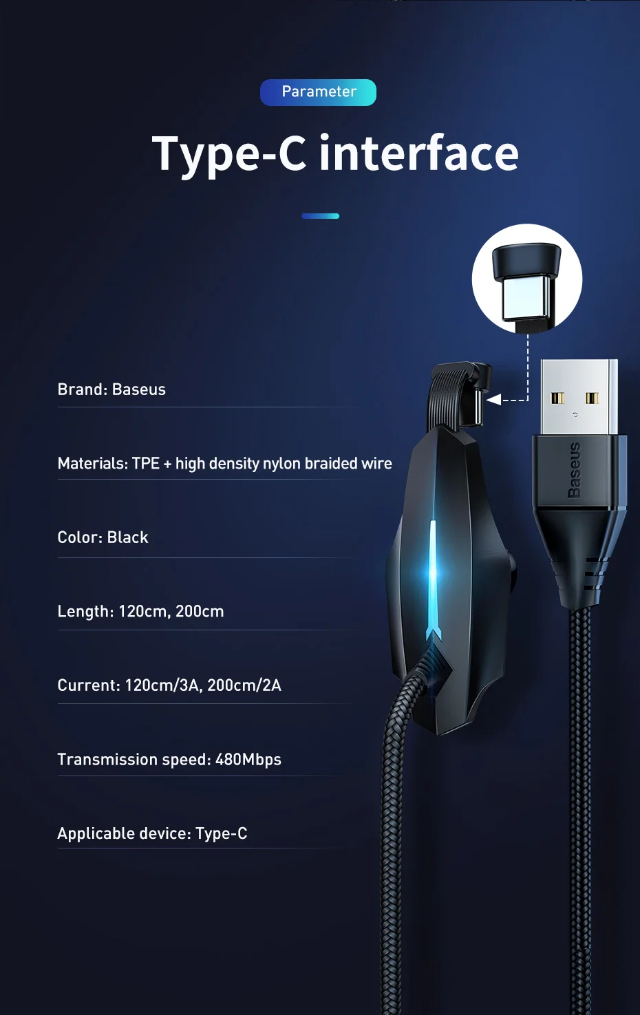 Кабель usb type-C Baseus для iPhone XR XS, USB кабель, локоть, светильник для быстрой зарядки, кабель type-C для samsung S10 S9, кабель для зарядки и передачи данных