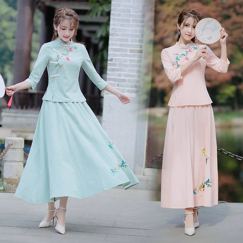 

2019 Spring And Summer New Style Ethnic-Style WOMEN'S Dress Cotton Linen Stand Collar Embroidered Two-Piece Set Three-quarter-le