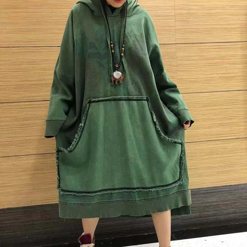 

March Spring And Autumn Vintage Printed Large Size Loose-Fit Slimming Pullover Dress Mid-length Hoodie Women's