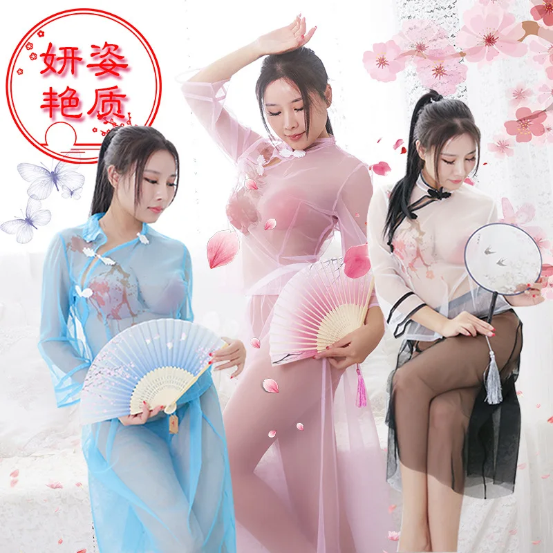 

Women Lady Sexy Cheongsam Set Transparent Mesh Uniform Qi Pao Retro Stylish