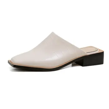 

Women Genuine Leather 3.5cm Square Heels Slippers Elegant Spring Autumn Casual Shoes Woman New Arrival Shoes Woman