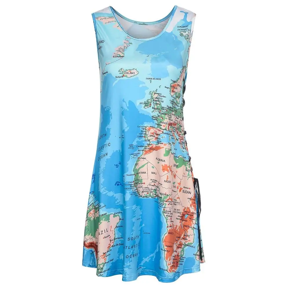 

Dress Women Fashion Summer Bandage Dress Sleeveless 3D World Map Printed Mini Dress For Woman Zomer Jurk 2019 Drop shipping c