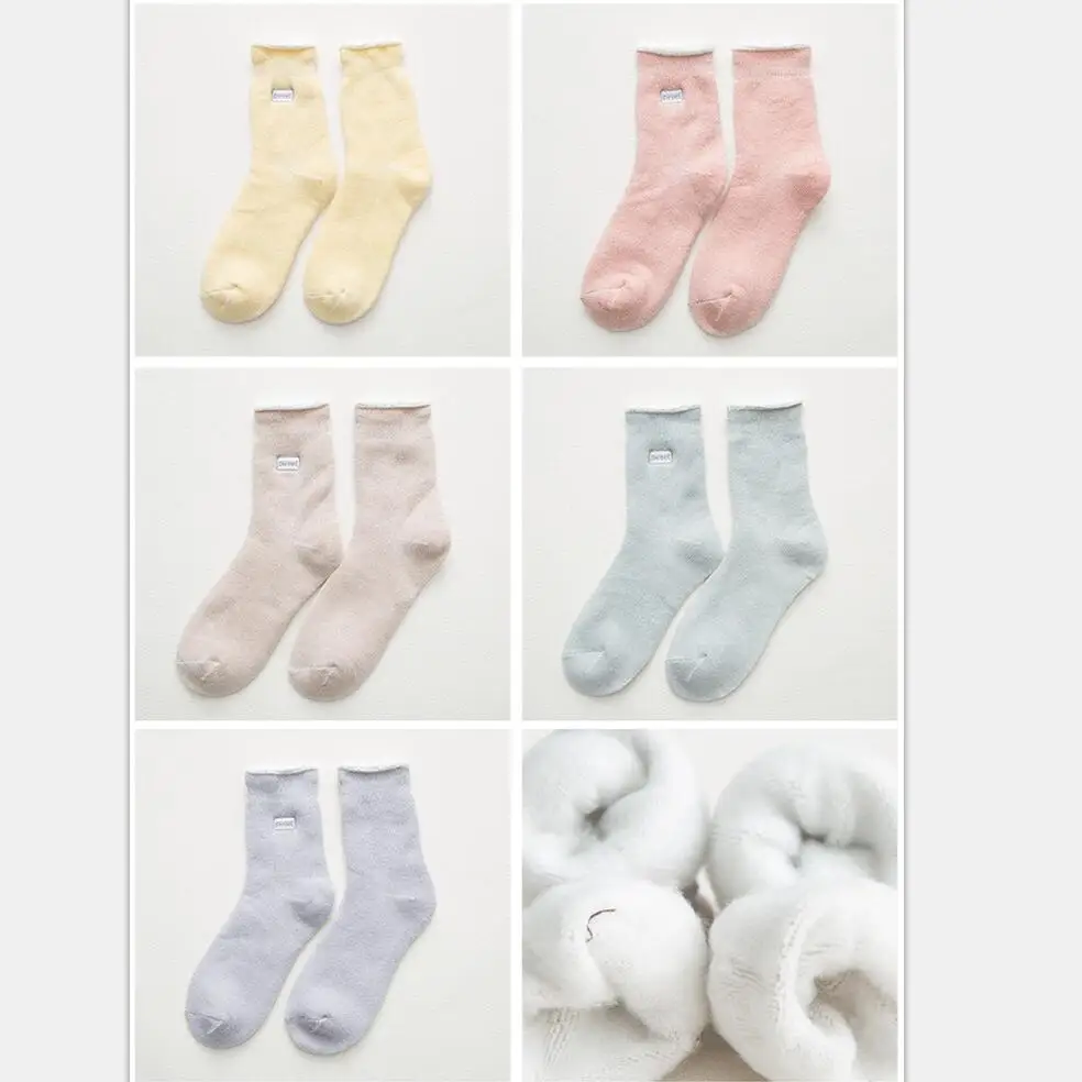 Женские однотонные хлопковые носки с маркой спортивные носки для девочек Теплые ворсистые зимние короткие носки женские носки 5 пар/лот