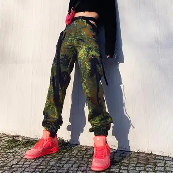 

Autumn new women's personality camouflage printed irregular pockets high waist hole pants casual overalls