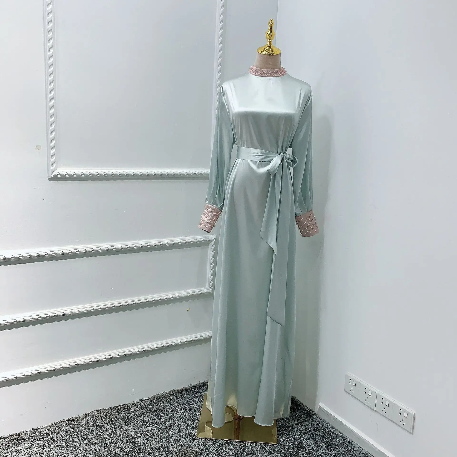 Роскошное мусульманское шелковое атласное Макси платье Abaya кружевной кардиган с