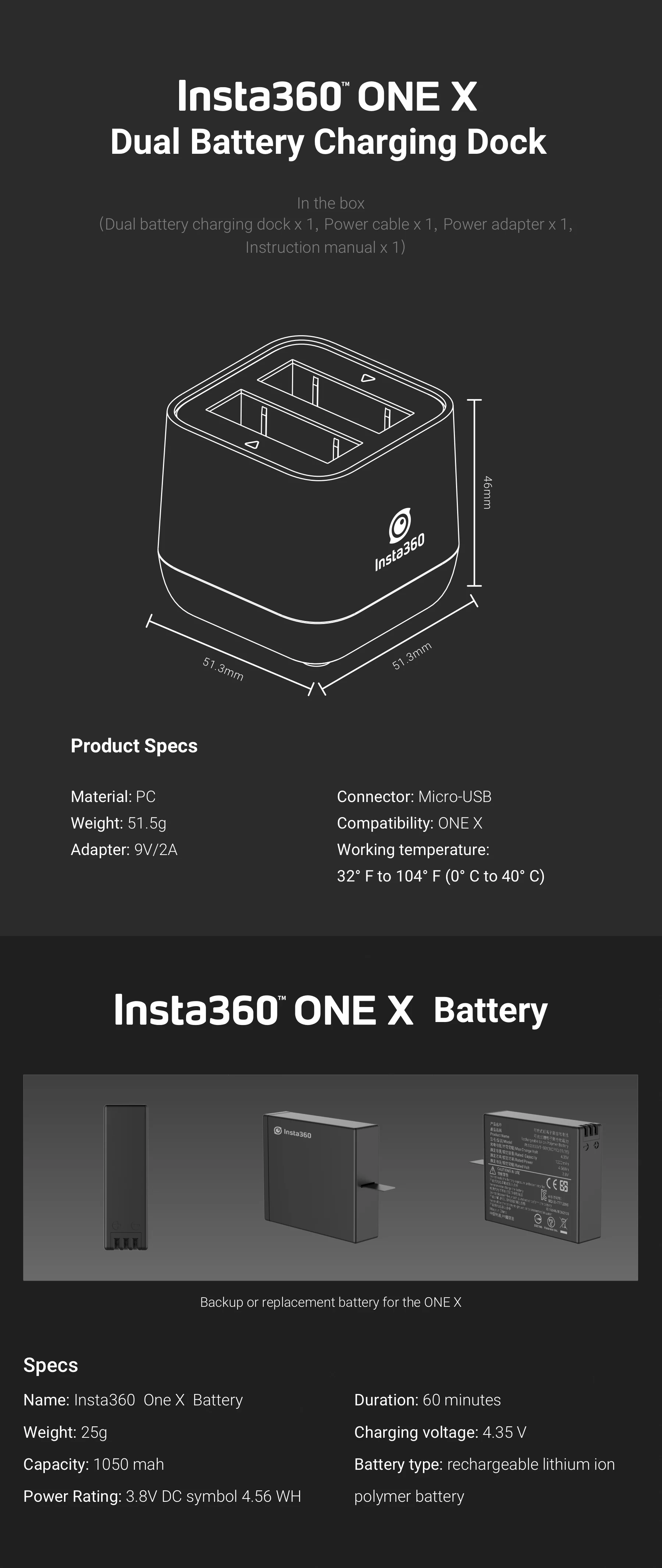 Аккумулятор для Insta360 ONE X 1050mAh LiPo аккумуляторы и зарядное устройство концентратор панорамная камера 9V 2A 60 минут Быстрая зарядка